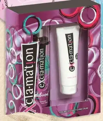 Dis-Chem Coty eX'cla*ma't!on Untamed Gift Set Body Mist 20ml / Hand Cream 75ml offer