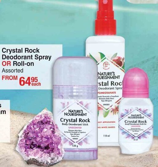 Crystal ROck Deodorant Spray or Rollon Assorted offer at DisChem