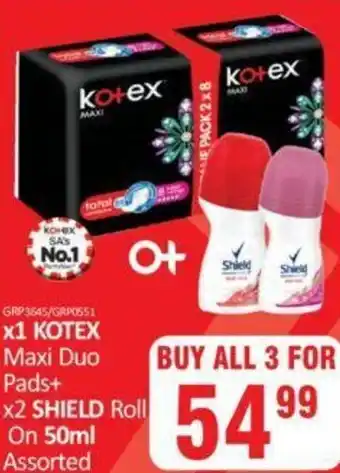 KitKat Cash and Carry Kotex Maxi Dou Pads+Shield Roll On 2x50ml Assorted offer