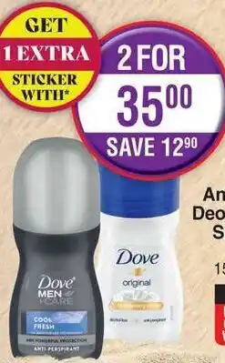 Dis-Chem Dove Anti-Perspirant Roll-On for Men or Women 50ml offer