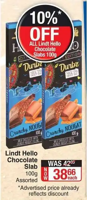 Dis-Chem Lindt Hello Chocolate Slab 100g offer