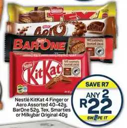 Pick n Pay Hypermarket Nestlé KitKat 4 Finger or Aero Assorted 40-42g, BarOne 52g, Tex, Smarties or Milkybar Original 40g offer