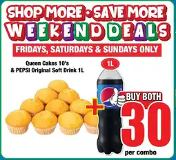 Boxer Superstores Queen Cakes 10's & PEPSI Original Soft Drink 1L offer