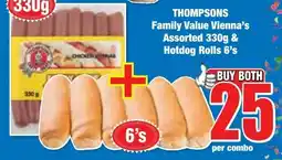 Boxer Superstores THOMPSONS Family Value Vienna's Assorted 330g & Hotdog Rolls 6's offer