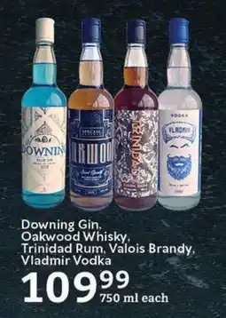 Oxford Freshmarket Downing Gin, Oakwood Whisky, Trinidad Rum, Valois Brandy, Vladmir Vodka offer