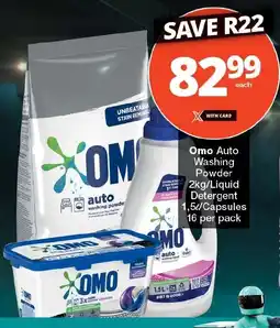 Checkers Omo Auto Washing Powder 2kg/Liquid Detergent 1,5L/Capsules 16 per pack offer