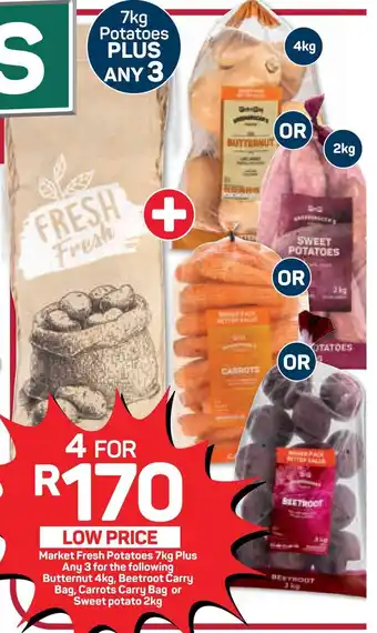 Pick n Pay Hypermarket Market Fresh Potatoes 7kg + Any 3 for the following Butternut 4kg, Beetroot Carry Bag, Carrots Carry Bag or Sweet potato 2kg offer