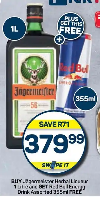 Pick n Pay Hypermarket BUY Jägermeister Herbal Liqueur 1 Litre and GET Red Bull Energy Drink Assorted 355ml FREE offer