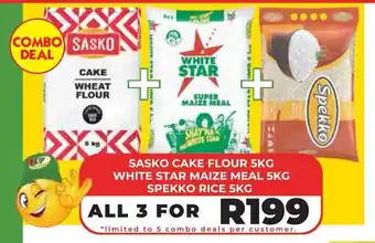 1UP SASKO CAKE FLOUR 5KG, WHITE STAR MAIZE MEAL 5KG, SPEKKO RICE 5KG offer