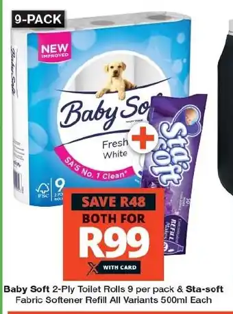 Checkers Hyper Baby Soft 2-Ply Toilet Rolls 9 per pack & Sta-soft Fabric Softener Refill All Variants 500ml Each offer