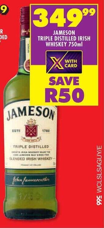 JAMESON TRIPLE DISTILLED IRISH WHISKEY 750ml offer at Shoprite