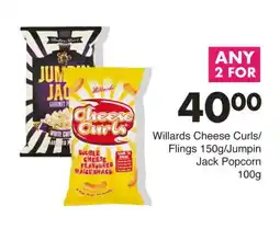 Save Hyper Willards Cheese Curls/ Flings 150g/Jumpin Jack Popcorn 100g offer