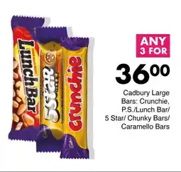 Save Hyper Cadbury Large Bars: Crunchie, P.S./Lunch Bar/ 5 Star/ Chunky Bars/ Caramello Bars offer
