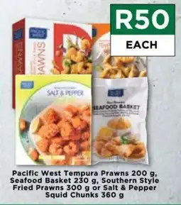 Pacific West Tempura Prawns 200g, Seafood Basket 230g, Southern Style Fried Prawns 300g or Salt & Pepper Squid Chunks 360g