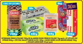 Shoprite RITEBRAND FRENCH POLONY OR AL-AMIEN FOODS FRENCH POLONY +CRYSTAL VALLEY CHEESE+ SASKO BROWN BREAD+ NULAID LARGE EGGS offer