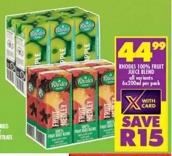 Shoprite RHODES 100% FRUIT JUICE BLEND all variants 6x200ml per pack offer