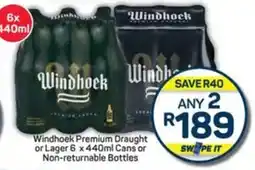 Windhoek Premium Draught or Lager 6 x 440ml Cans or Non-returnable Bottles