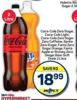 Pick n Pay Hypermarket Coca-Cola Zero Sugar, Light, Zero Caffeine, Sprite, Fanta Orange, Fanta Apple or Stoney Zero Ginger Beer Soft Drink 2L offer