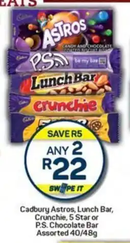 Pick n Pay Hypermarket Cadbury Astros, Lunch Bar, Crunchie, 5 Star or P.S. Chocolate Bar Assorted 40/48g offer