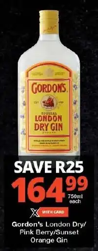 Checkers Gordon's London Dry/ Pink Berry/Sunset Orange Gin offer