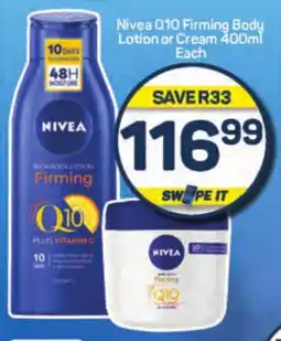Pick n Pay Nivea Q10 Firming Body Lotion or Cream 400ml Each offer