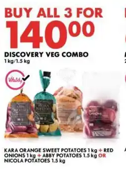 KARA ORANGE SWEET POTATOES 1 kg + RED ONIONS 1 kg + ABBY POTATOES 1.5 kg OR NICOLA POTATOES 1.5 kg