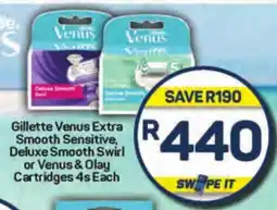 Pick n Pay Gillette Venus Extra Smooth Sensitive, Deluxe Smooth Swirl or Venus & Olay Cartridges 4s Each offer