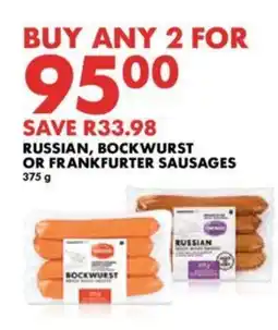 RUSSIAN, BOCKWURST OR FRANKFURTER SAUSAGES 375 g