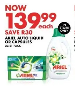 Woolworths ARIEL AUTO LIQUID OR CAPSULES 2L/21-PACK offer