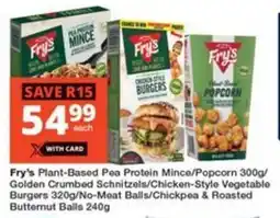 Checkers Fry's Plant-Based Pea Protein Mince/Popcorn 300g/ Golden Crumbed Schnitzels/Chicken-Style Vegetable Burgers /No-Meat Balls offer