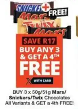 BUY 3 x 50g/51g Mars/ Snickers/Twix Chocolates All Variants & GET a 4th FREE!