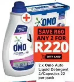 Checkers 2 x Omo Auto Liquid Detergent 2L/Capsules 22 per pack offer