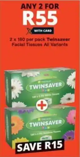 Checkers 2 x 180 per pack Twinsaver Facial Tissues All Variants offer