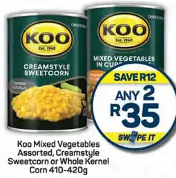 Pick n Pay Koo Mixed Vegetables Assorted, Creamstyle Sweetcorn or Whole Kernel Corn 410-420g offer