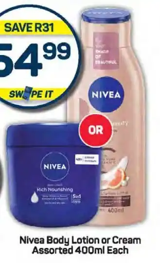 Pick n Pay Nivea Body Lotion or Cream Assorted 400ml Each offer