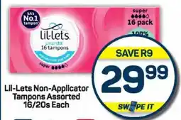 Pick n Pay Lil-Lets Non-Applicator Tampons Assorted 16/20s Each offer