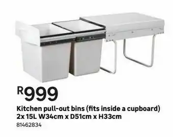 Leroy Merlin Kitchen pull-out bins (fits inside a cuppboard) 2x 15l w34cm x d51cm x h33cm offer