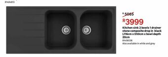 Leroy Merlin Kitchen sink 2 bowls 1 drainer stone composite drop in black l116cm x d50cm x bowl depth 20cm offer
