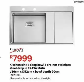 Leroy Merlin Kitchen sink 1 deep bowl 1 drainer stainless steel drop in frasa maia l86cm x d52cm x bowl depth 20cm offer