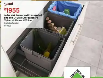 Leroy Merlin Under sink drawers with integrated bins 3x15l + 3x1.8l for cupboard d58cm x l80cm x h76.8cm offer