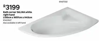 Leroy Merlin Bath corner salina white right hand l150cm x w97cm x h45cm offer