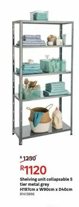 Shelving unit collapsable 5 tier metal grey h197cm x w90cm x d40cm