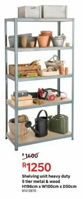 Shelving unit heavy duty 5 tier metal & wood h196cm x w100cm x d50cm