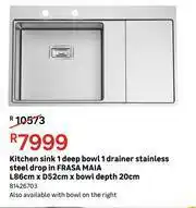 Leroy Merlin Frasa Maia Drop In Stainless Steel Kitchen Sink L86cm xD52cmxBowl Depth 20cm offer