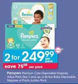 Clicks Pampers Premium Care Disposable Nappies Value Pack Size 3 and up, or Active Baby Disposable Nappies or Pants Jumbo Pack offer