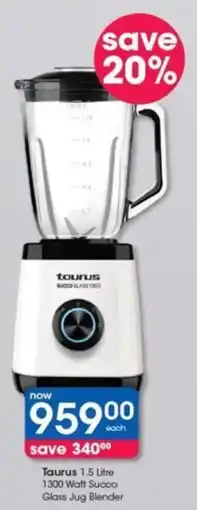 Taurus 1.5 Litre 1300 Watt Succo Glass Jug Blender