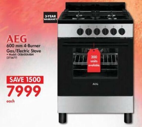 AEG 600mm 4 Burner Gas Electric Stove offer at Makro