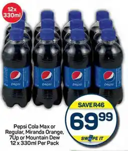 Pick n Pay Hypermarket Pepsi Cola Max or Regular, Miranda Orange, 7Up or Mountain Dew 12 x 330ml Per Pack offer