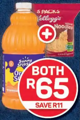 Pick n Pay Hypermarket Buy 1x Sunny Splash Squash Assorted 2 Litre and 1x Kellogg's Instant Noodles Assorted 5x 70g (Excludes Hot & Spicy) offer