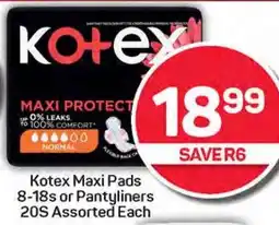 Pick n Pay Hypermarket Kotex Maxi Pads 8-18s or Pantyliners 20S Assorted Each offer
